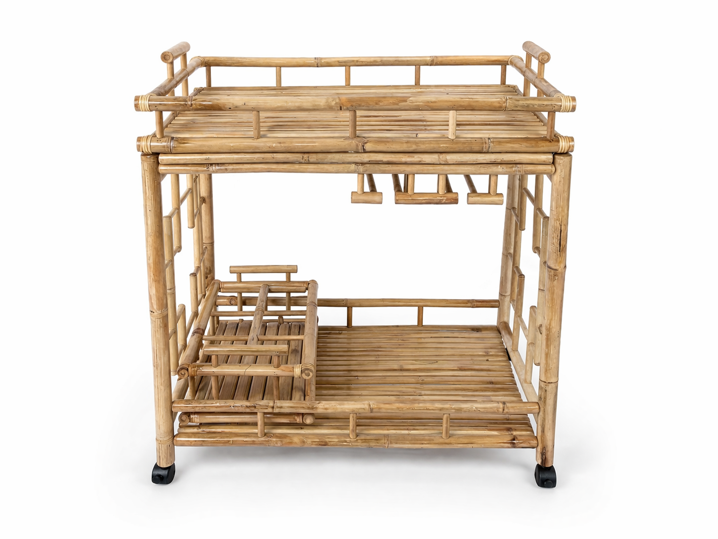 Handcrafted Bamboo Wheeled Serving Cart with Removable Wine Bottle Tray, Goblet Holder