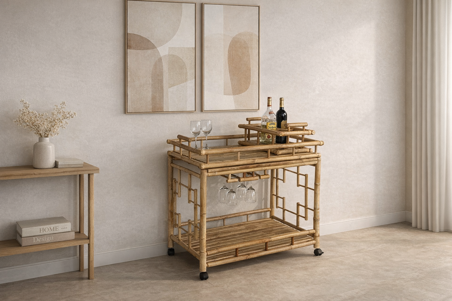 Handcrafted Bamboo Wheeled Serving Cart with Removable Wine Bottle Tray, Goblet Holder