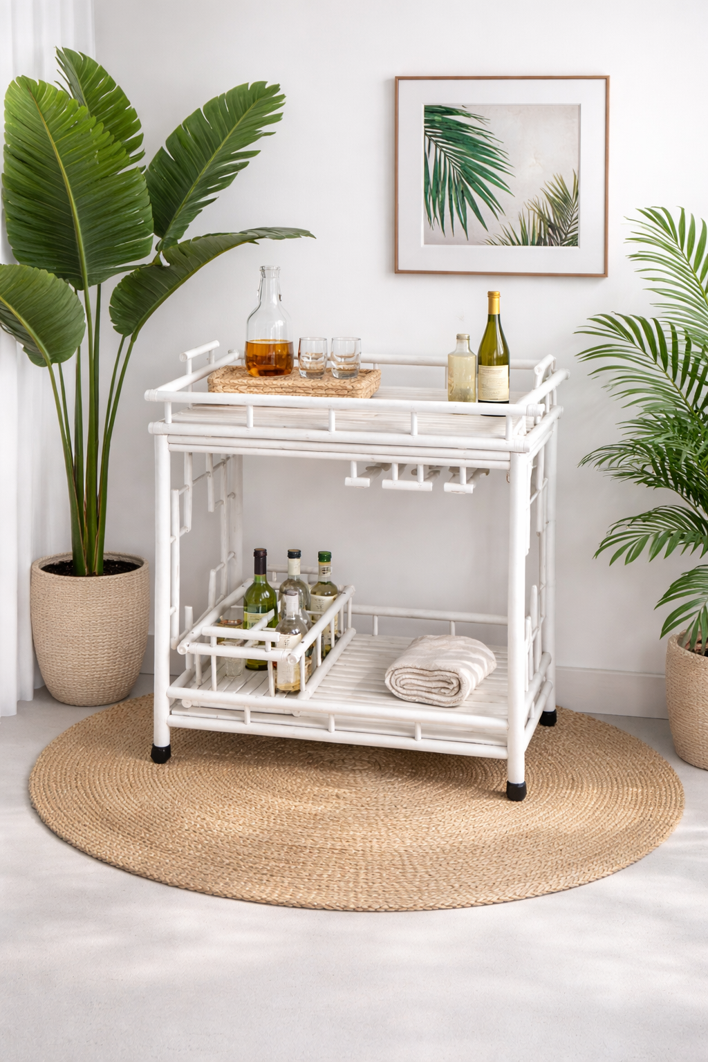 Handcrafted Bamboo Wheeled Serving Cart with Removable Wine Bottle Tray, Goblet Holder