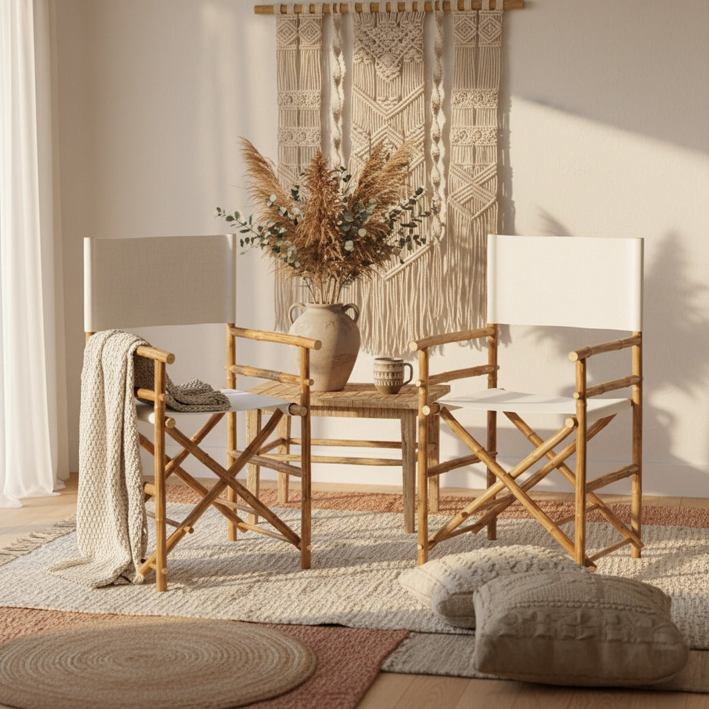 Set of 2 Handcrafted Folding Bamboo Director Chairs with Canvas Fabric
